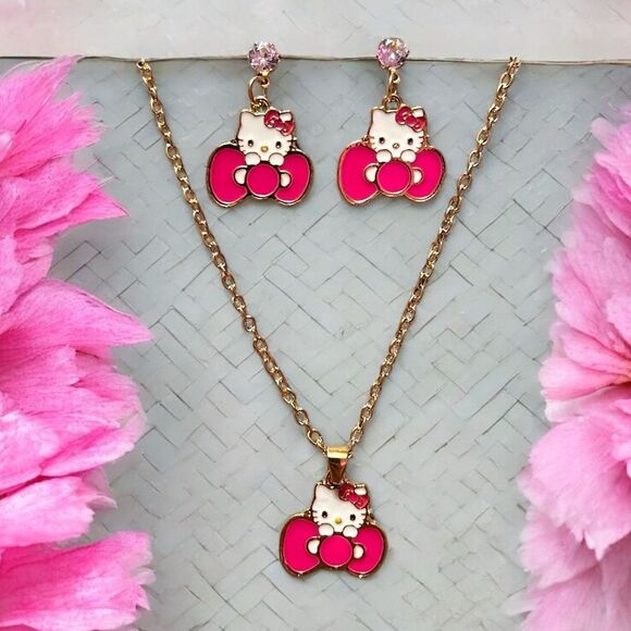 Hot Pink Bow Hello Kitty Gold Tone Earrings And Necklace Set - Picture 1 of 1